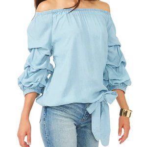VINCE CAMUTO Balloon-Sleeve Off-The-Shoulder Top in Arctic Surf